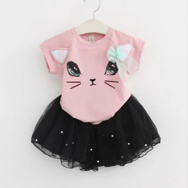 Bear Leader Girls Clothing Sets New Summer Fashion Style Cartoon Rabbit  Printed T-Shirts Pink Dress 2Pcs Girls Clothes Sets