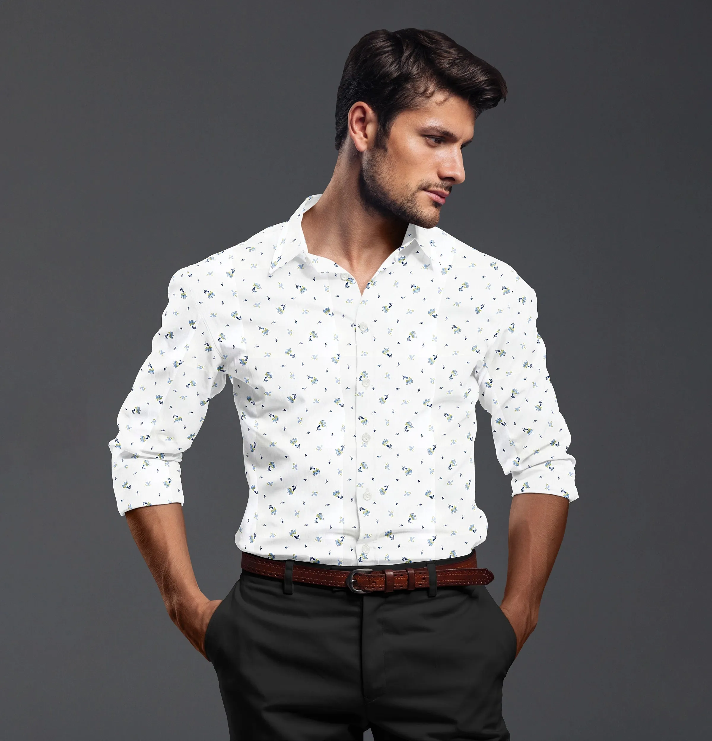Wrinkle-free White with Flowers - Long Sleeve